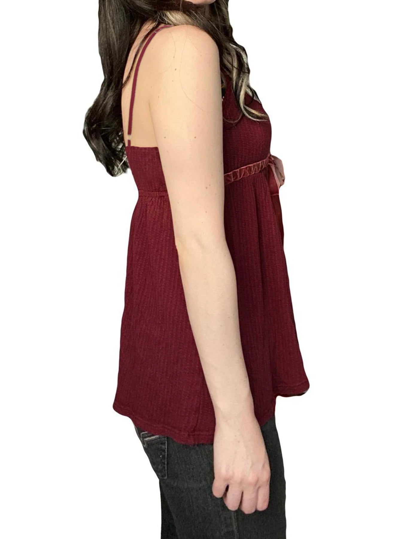 Bow Lace Camisoles Backless Red Top Sleeveless Buttons 's