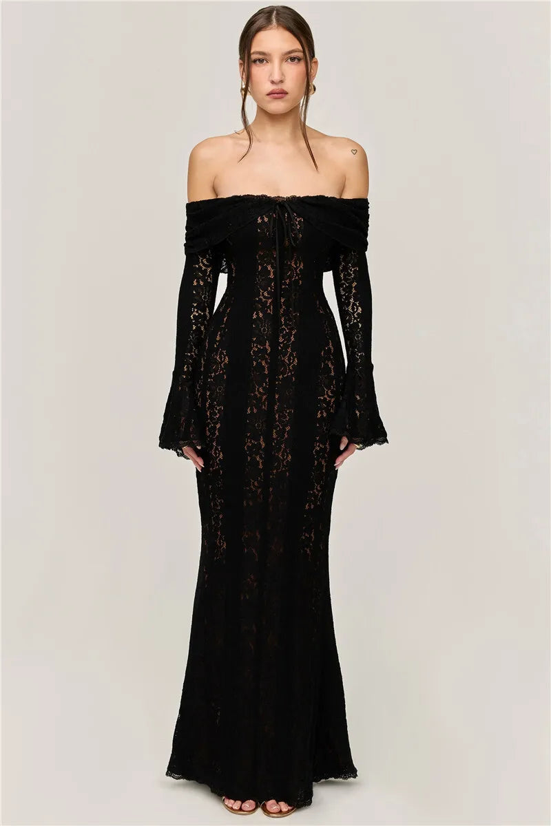 Lace Off-shoulder Maxi Dress Strapless Backless Long Sleeve Bodycon Evening Long Dress