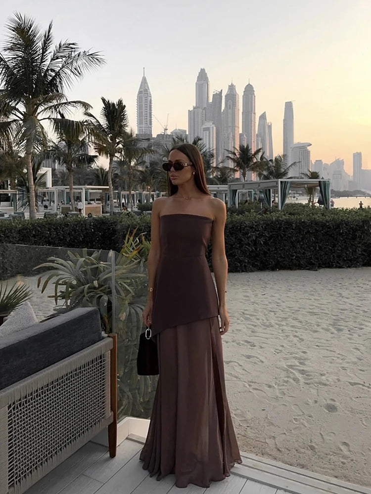 Mesh Strapless Ribbon Maxi Dress
