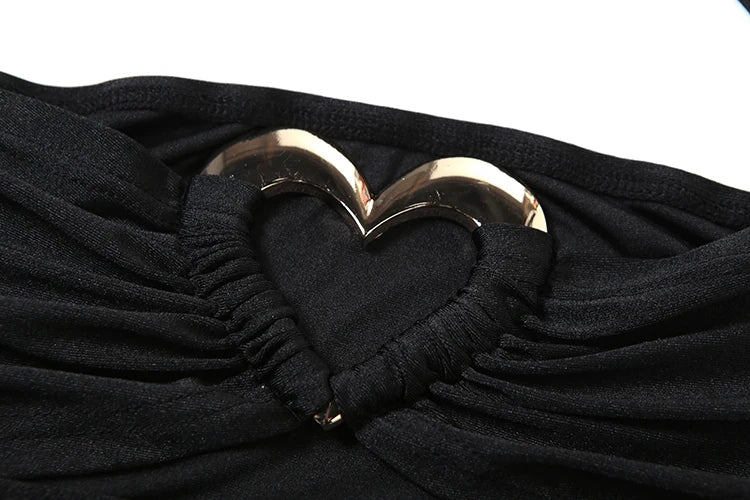 2-Piece Set Love Metal Ring Halter Hollow Low-Neck Mini Top Hollow Ruffles Skirts Midnight Matching Suits