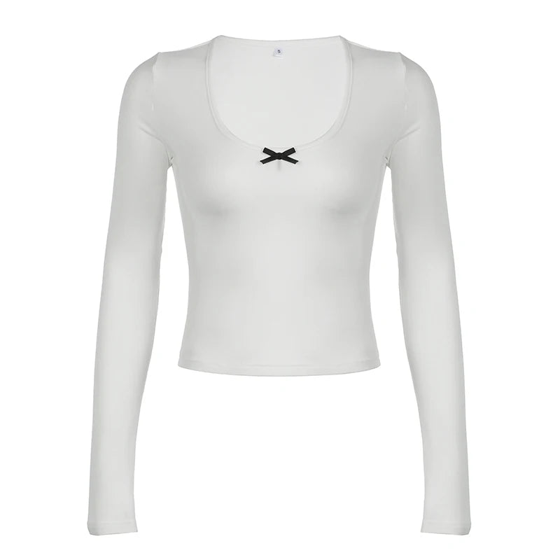 Crewneck Bow Tee Shirt Long Sleeve Slim