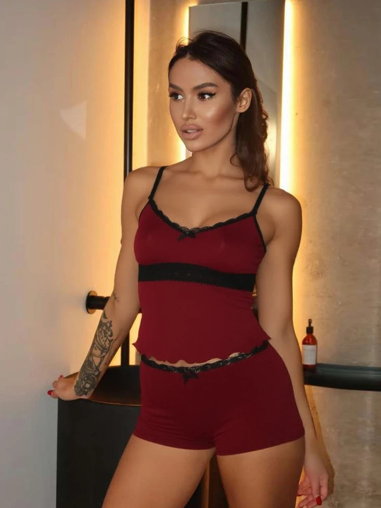 Matching 2 Piece Set Trim Low Neck Irregular Crop Camiole Elatic Wait Slim Short Sweet
