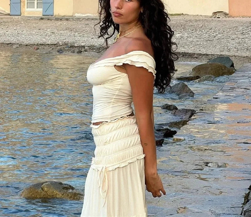 Slash-neck Knot Twist T Shirt With Elastic Slim Ruffles Cake Skirt French Two Piece Set