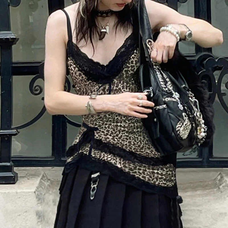 Lace Patchwork Camisole Leopard Print Backless Top V-neck Sleeveless Fairycore
