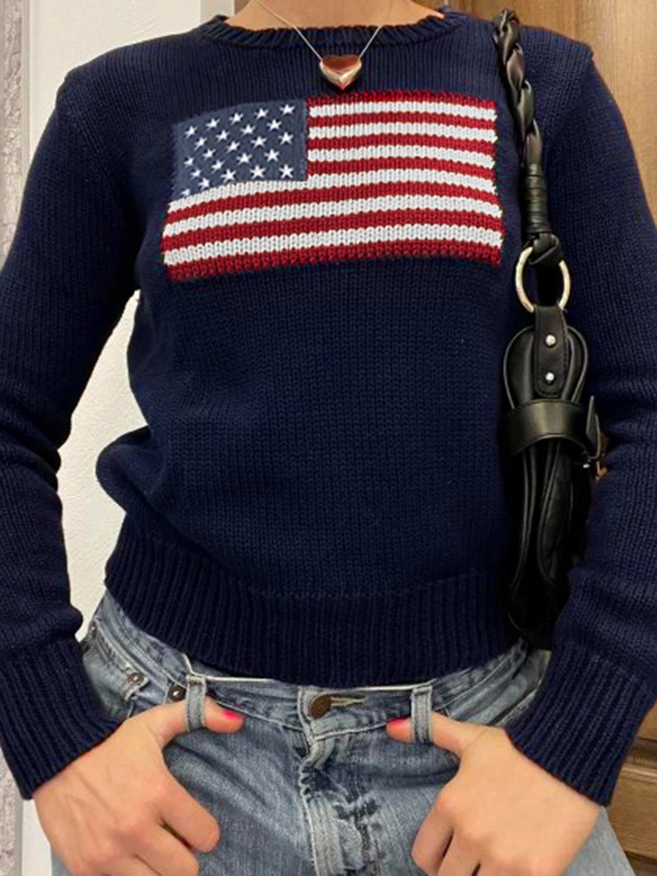 Graphic Knit Sweater Crewneck Pullover Looe