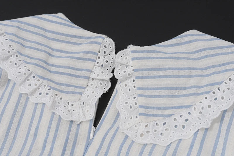 Blue Stripe Puff Sleeve A line Mini Dress