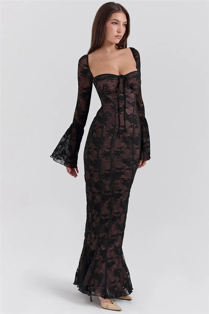 Lace Long Flare Sleeve Maxi Dress Square Collar Backless Bodycon Dress