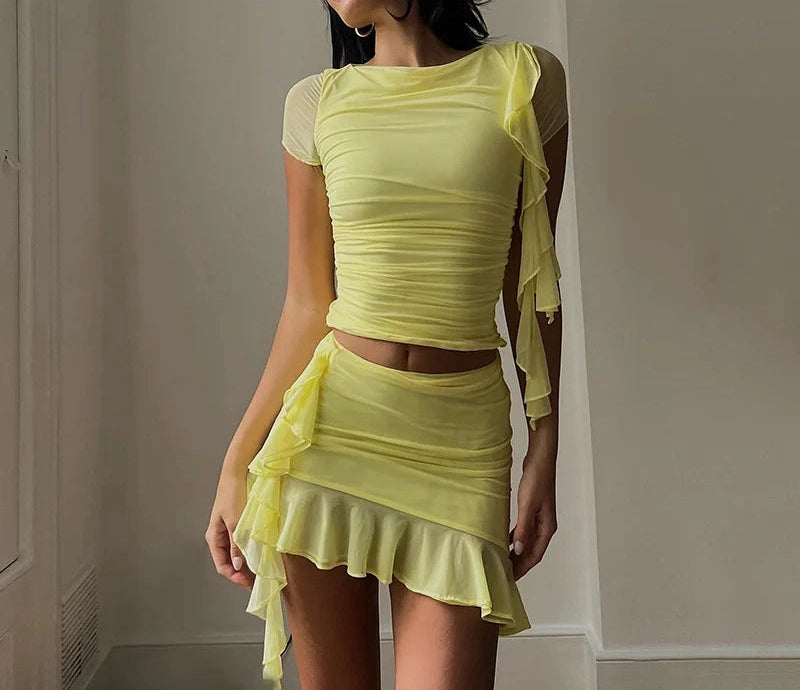 Mesh See Through Top and Skirt Sets Asymmetric Ruched Ruffle Matching Sets Fringe Bodycon Set