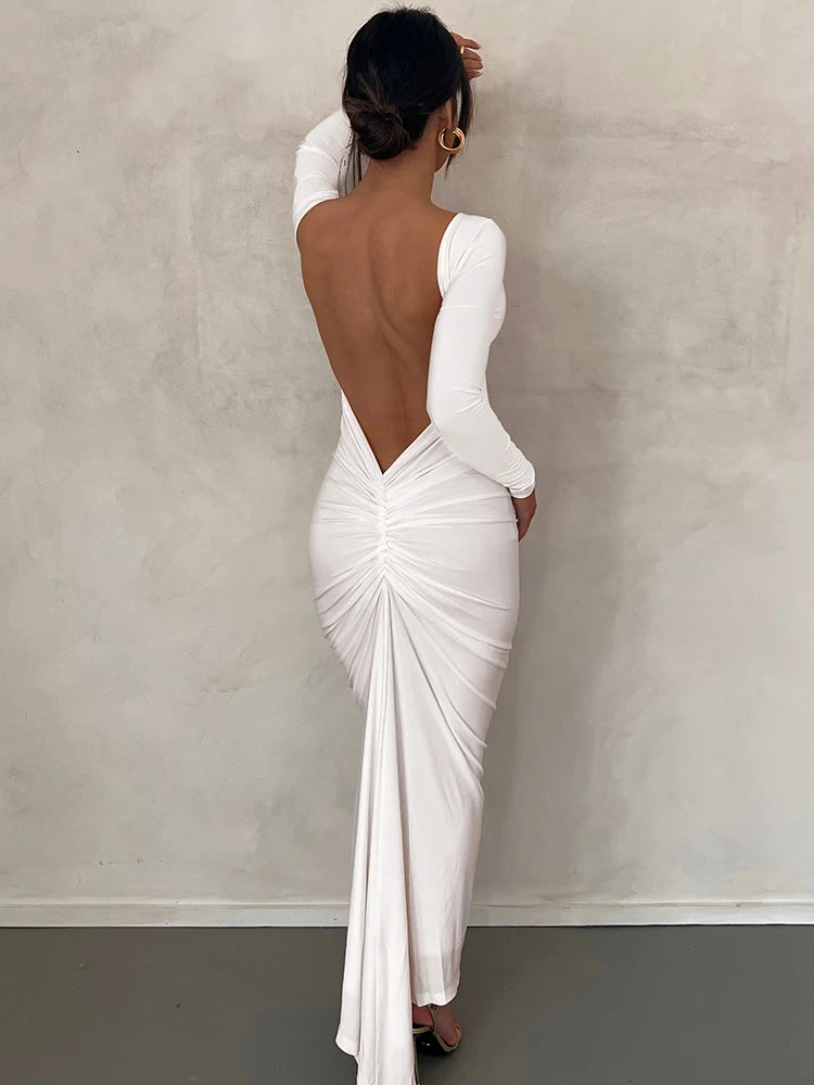 Ruched Backless Long Sleeve Bodycon Midi Dress
