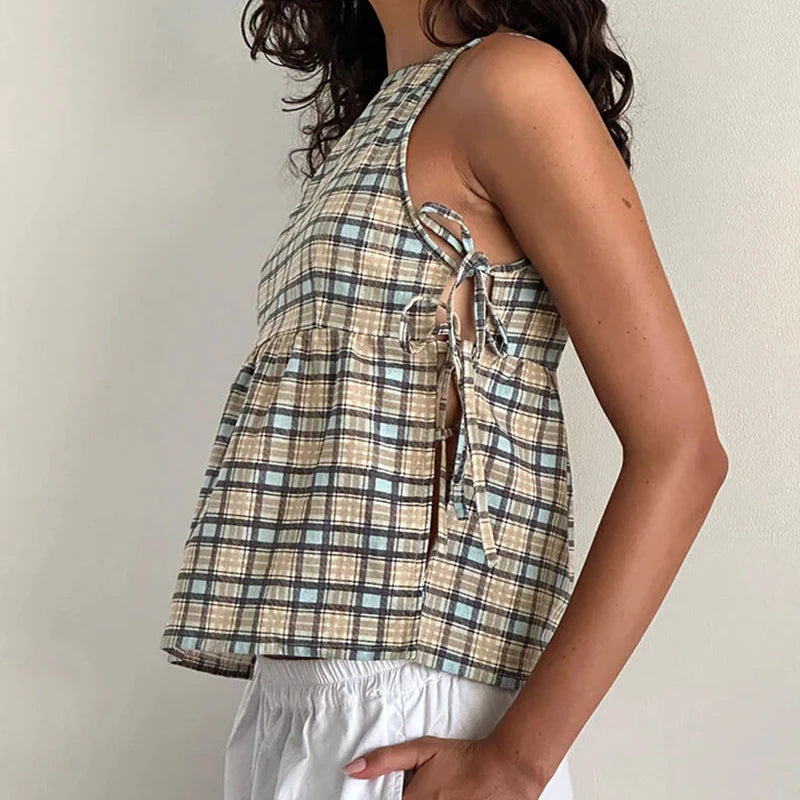 Plaid Cut Out Loose Top