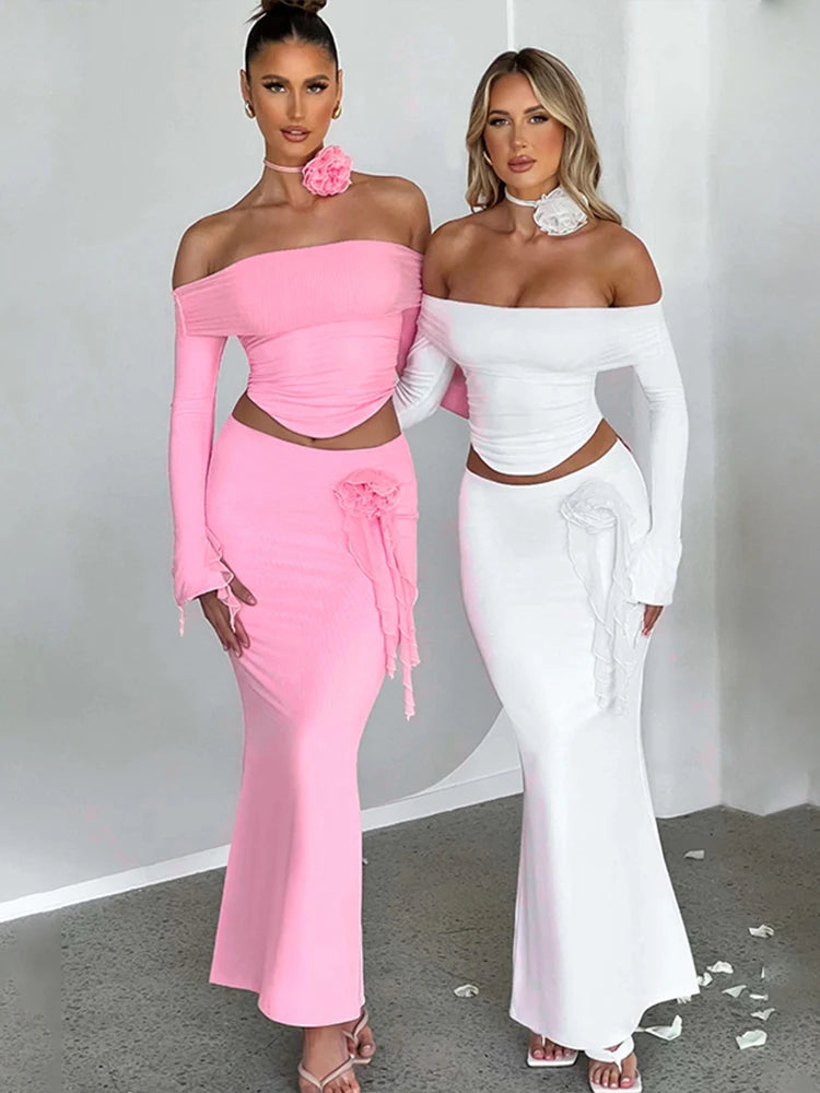 3D Flower Off Shoulder Crop Top Maxi Skirt Set