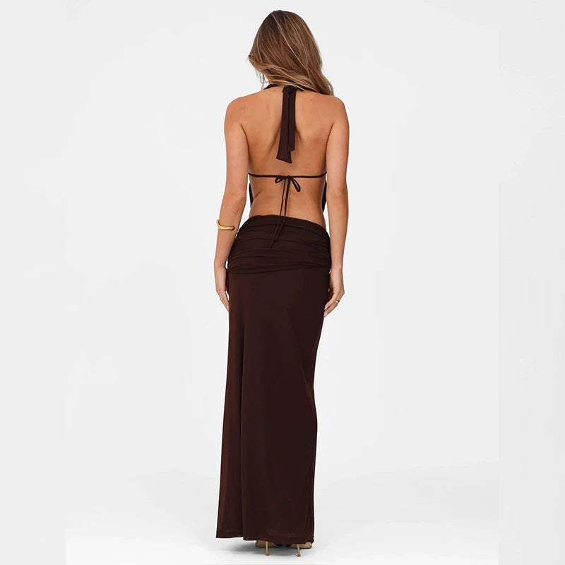 Two Pirce Sets Off Shoulder Backless Sleeveless Halter Top With Slim Long Skirt Suits
