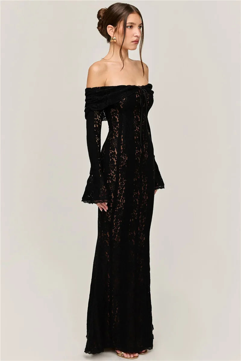 Lace Off-shoulder Maxi Dress Strapless Backless Long Sleeve Bodycon Evening Long Dress