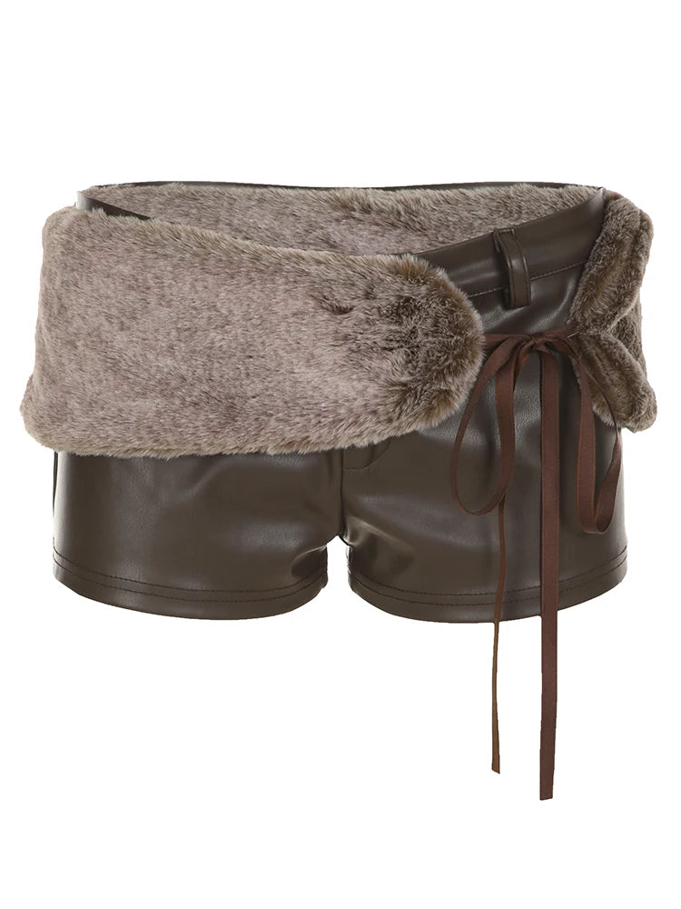 Low Waisted Mini Leather Shorts Furry Belts Waist Bottoms