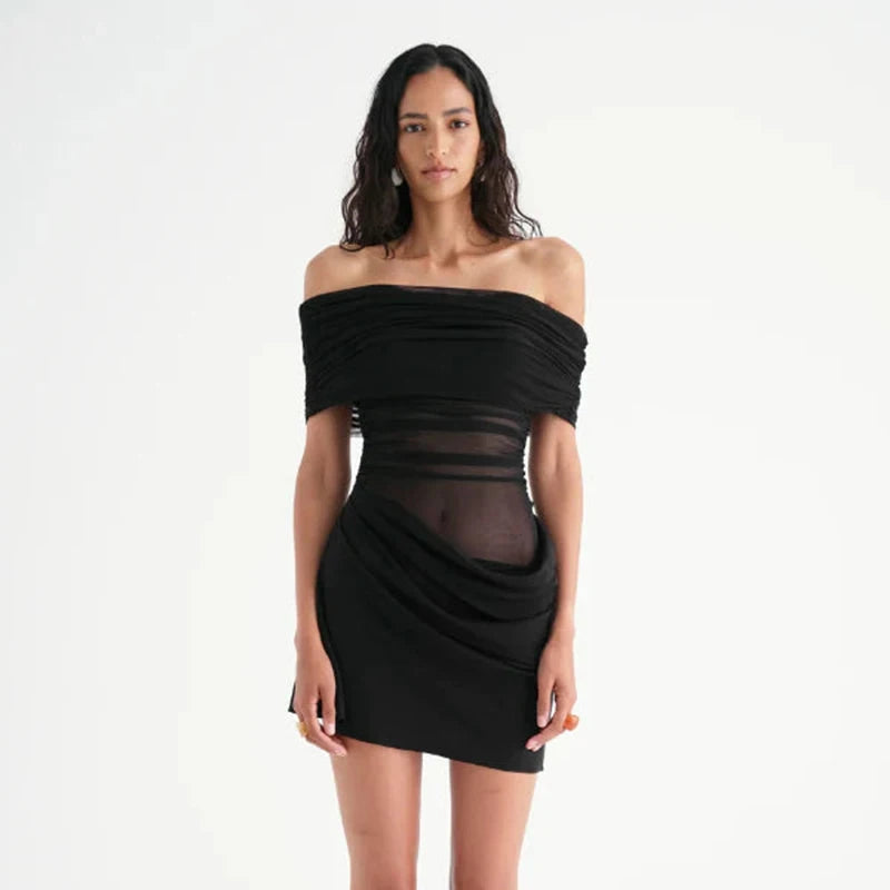 One-Shoulder Meh Patchwork Hollow Out Wait Short Pleat Dress Mini Dress