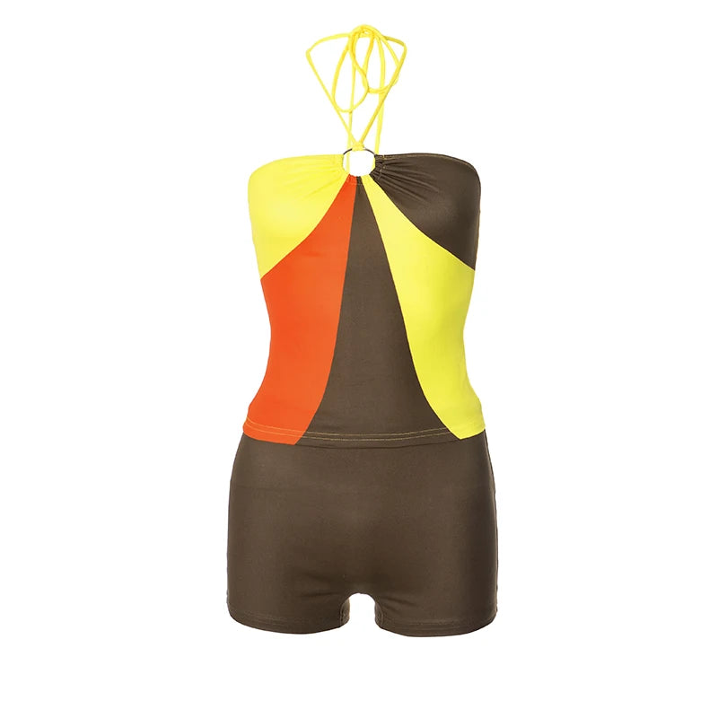 'S Circle Hanging Neck Suspenders Colorful Exposed Backpack Hip Resort Shorts Set Causal Sets