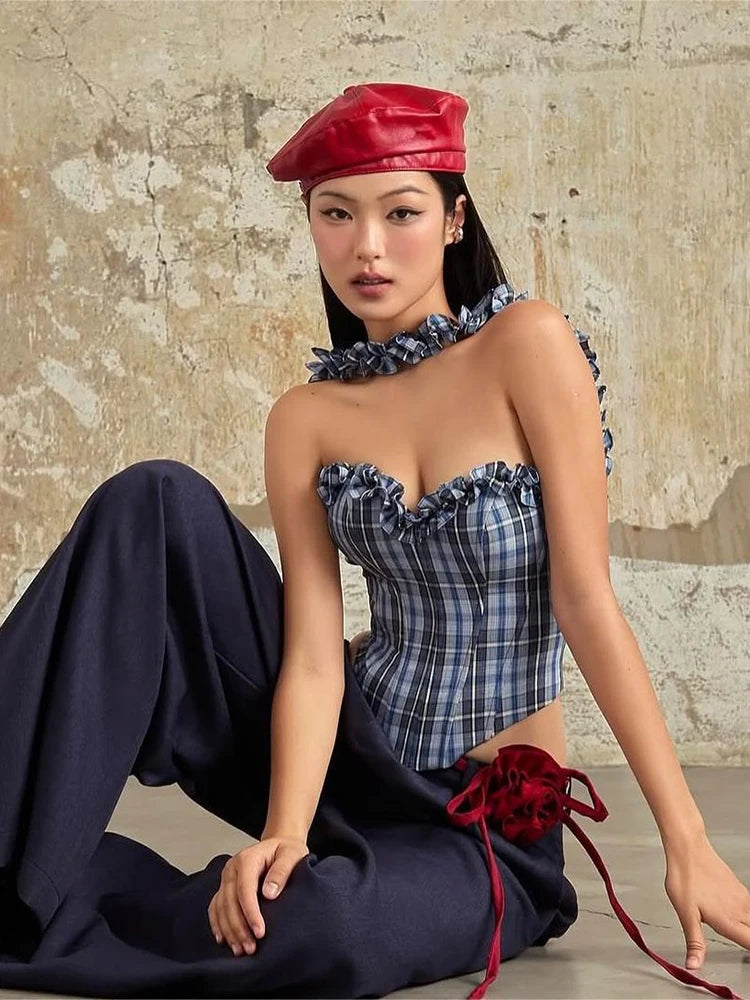 Plaid Tank Top Ruffled Edges Halter Low-Neck Backless Sleeveless Top
