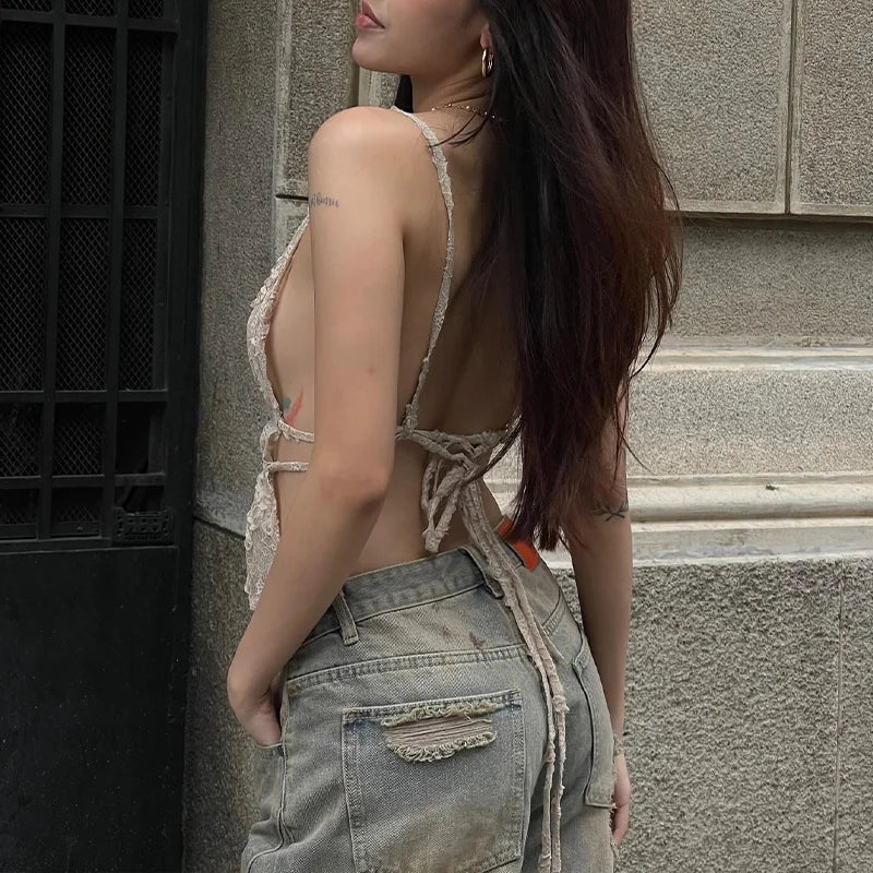 Apricot Lace Off Shoulder Backless Top