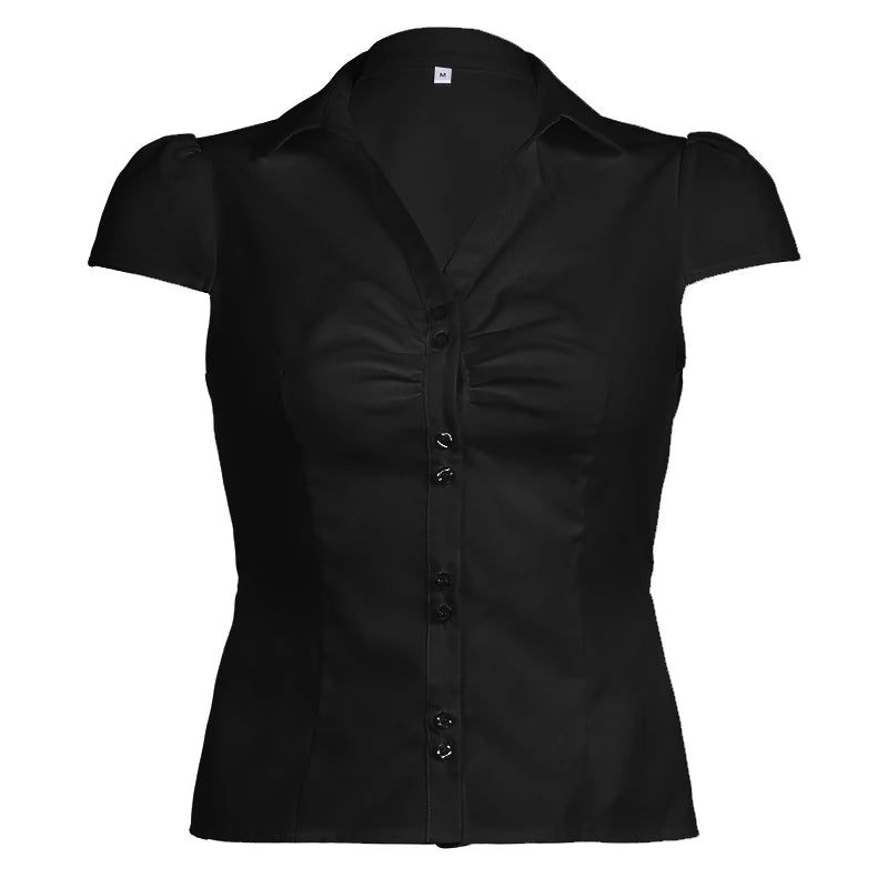 Turn-Down Neck Tee Shirts Short Sleeves Top Ruched Lace-up