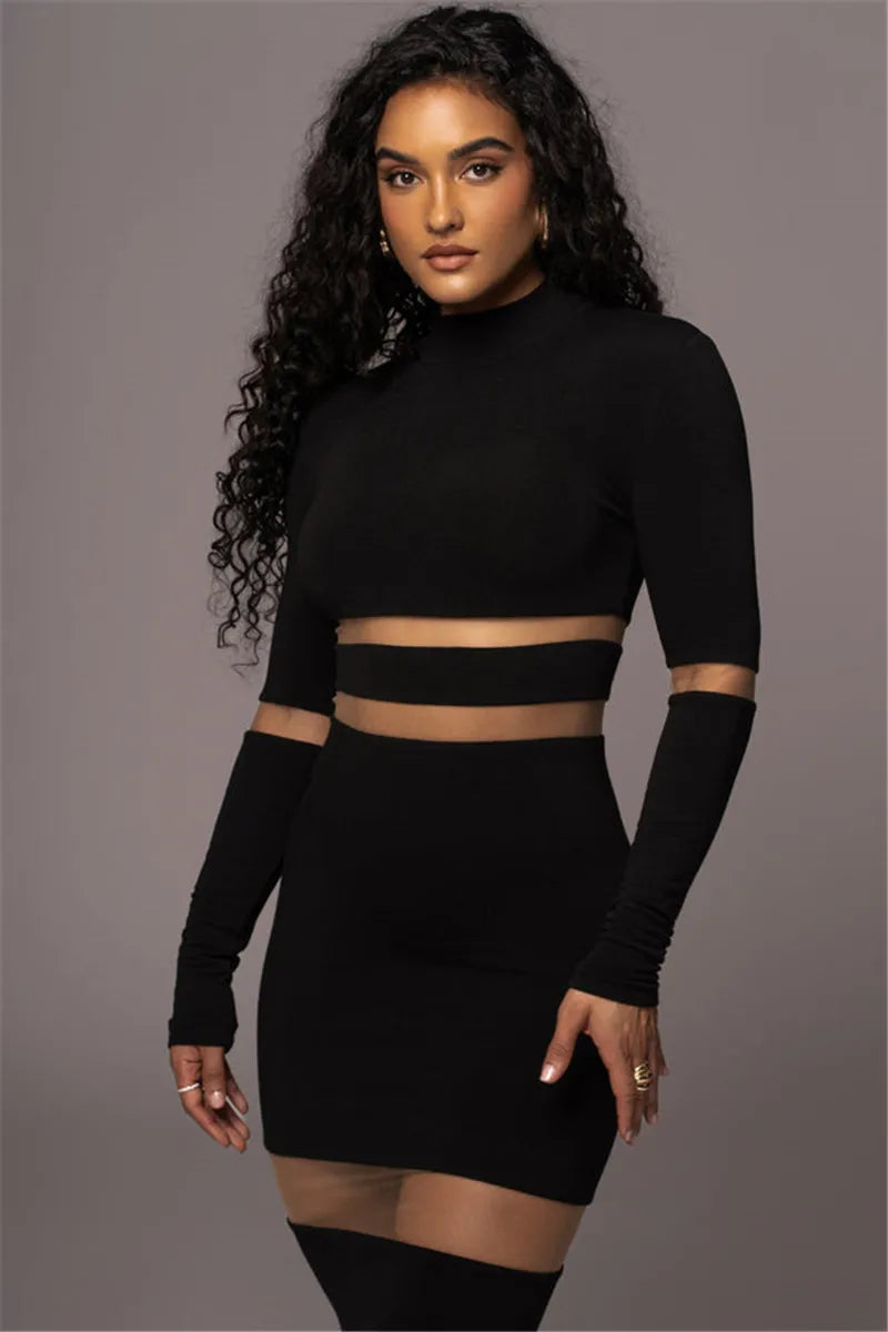 Patchwork Bodycon Midi Dress Turtleneck Long Sleeve Dress