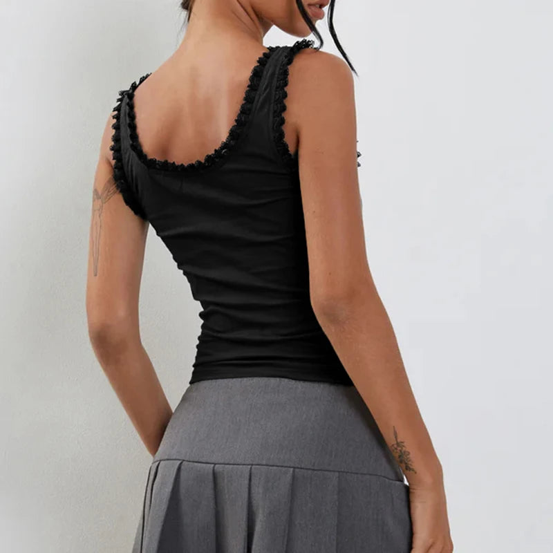 Bow Print sweet Camis Sleeveless Lacework Vests Square Collar Crop Top