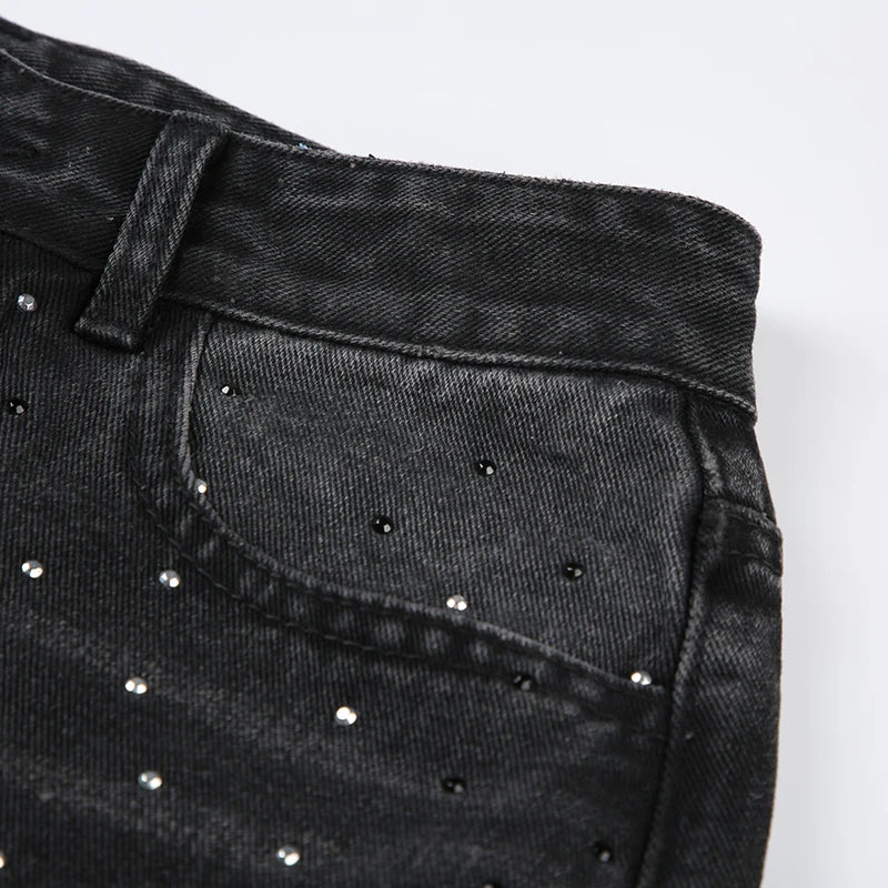 Rhinestone Loose Jeans Low Waisted Pockets Zipper Pants Bottoms