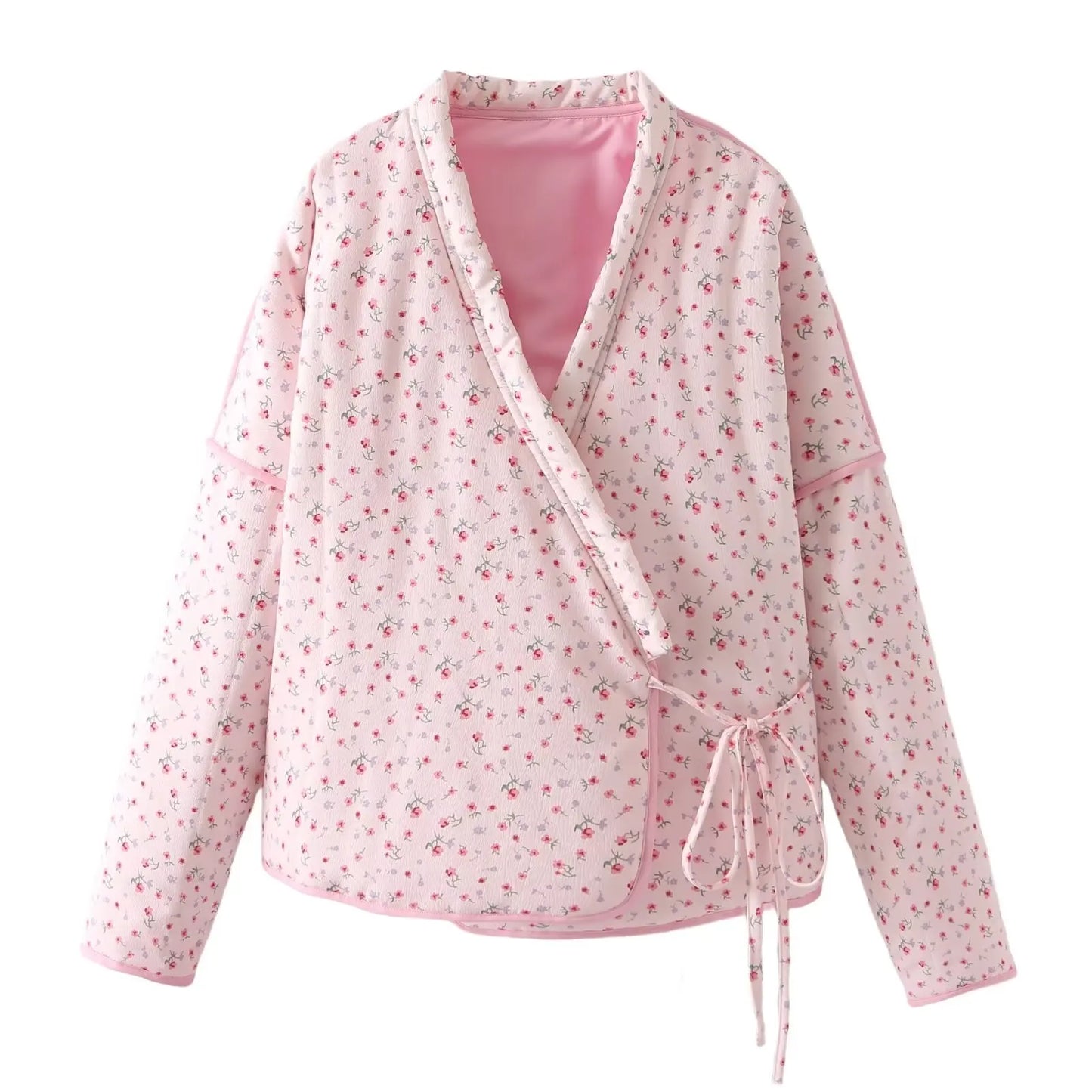 Pink Floral V Neck Cotton Jacket