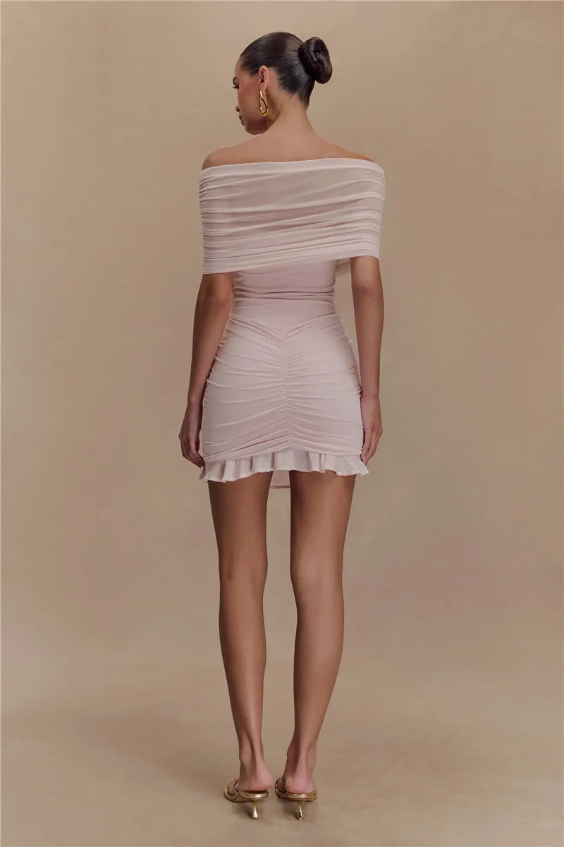 Mesh Strapless Off-shoulder Ruffled Mini Dress Backless High Waist Ruched Dress