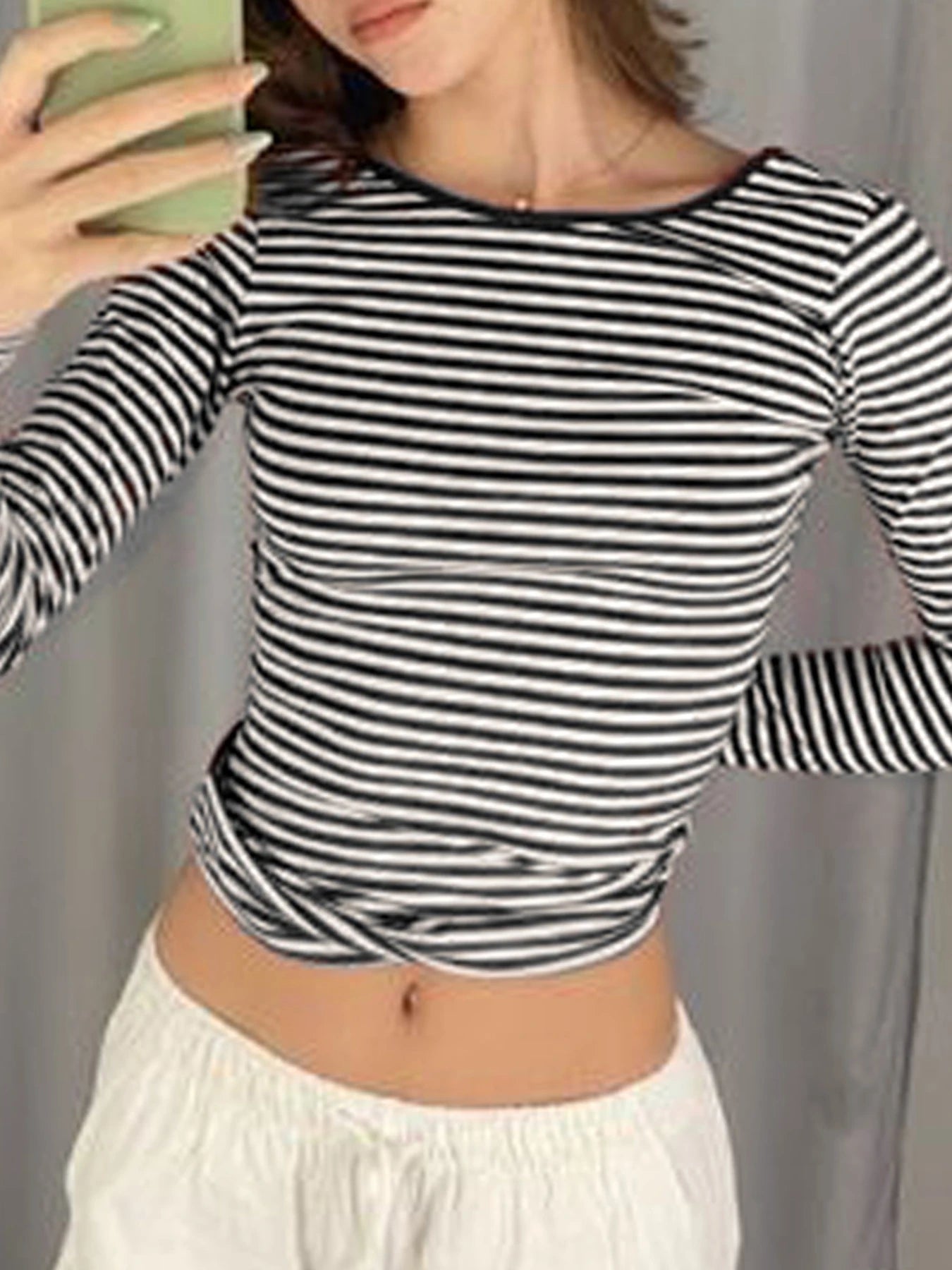 Backless Striped Print Slim Tee Shirts Long Sleeves Tees