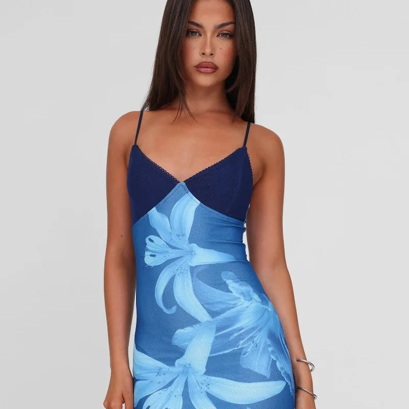 Blue Floral V-Neck Bodycon Midi Dress