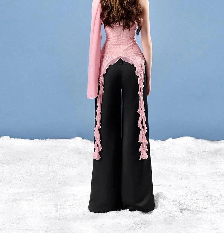 Mesh Scarf Patchwork Lace Ruffled Irregular Hem Long Tassels Frenulum Street Skinny Versatile Girly Sweet Top