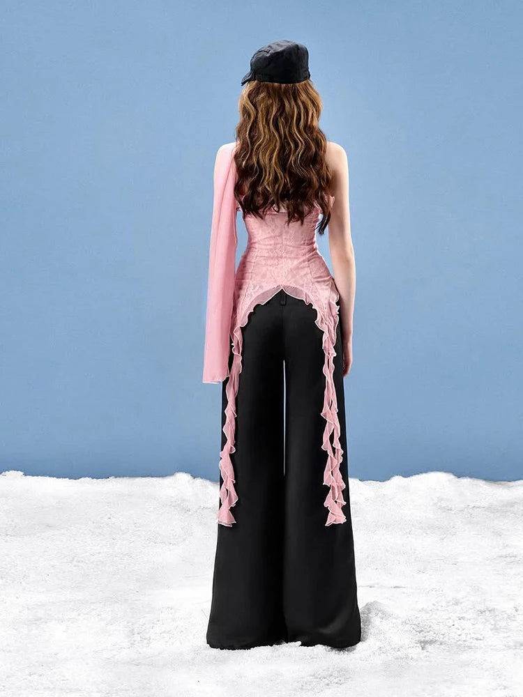 Mesh Scarf Patchwork Lace Ruffled Irregular Hem Long Tassels Frenulum Street Versatile Girly Sweet Top