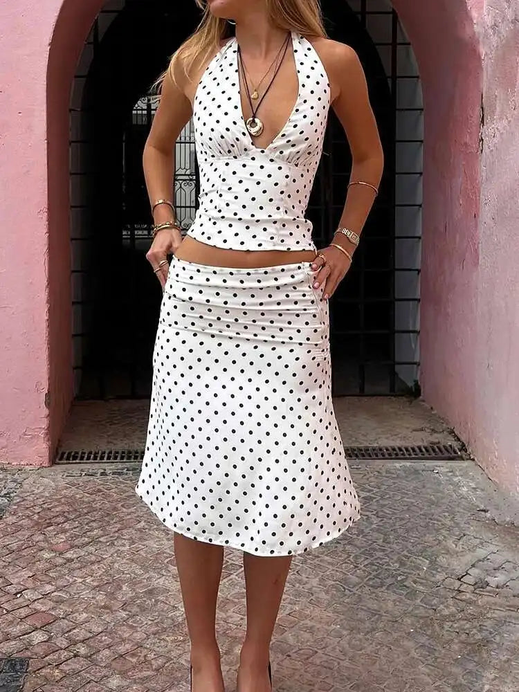 White Polka Dots Backless Top and Midi Skirt Set