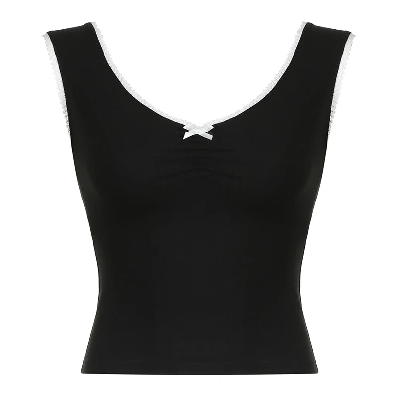 Contrast-color Patchwork V-neck Vests Retro Slim Crop Bow Camisole