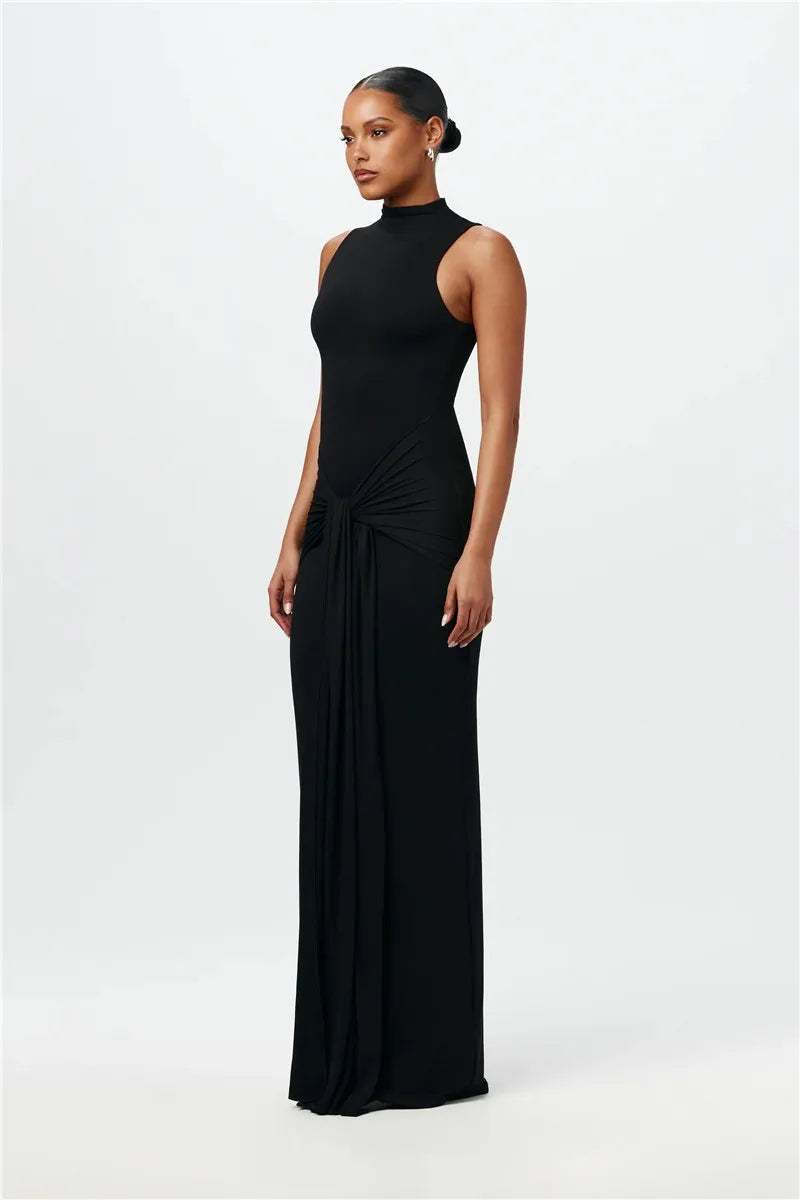 Half High Collar Irregular Tank Dress Sleeveless Bodycon Ruched Long Dress