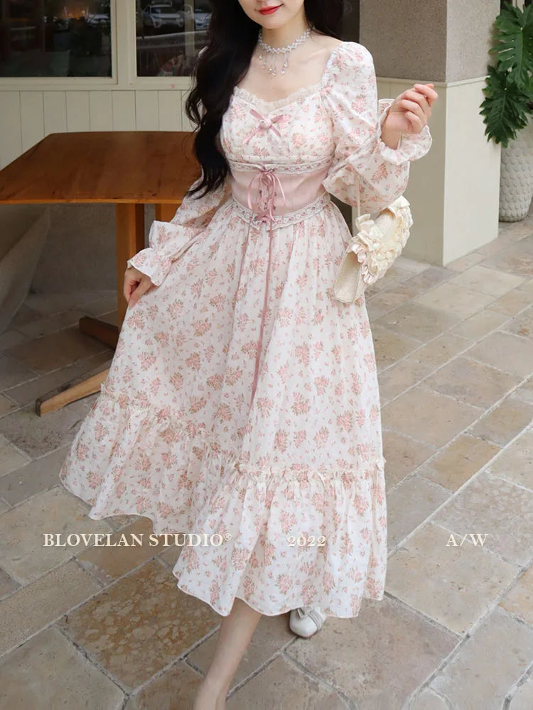 Spring Pink Floral Dress Bandage Lace Print Dress Puff Sleeve Kawaii Dress Princess Fairy