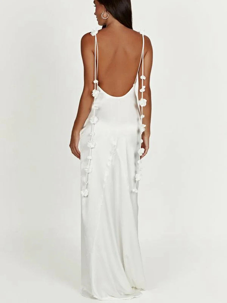 's Color Flower Tassel Backless Sleeveless Satin Maxi Long Bodycon Sling Dress