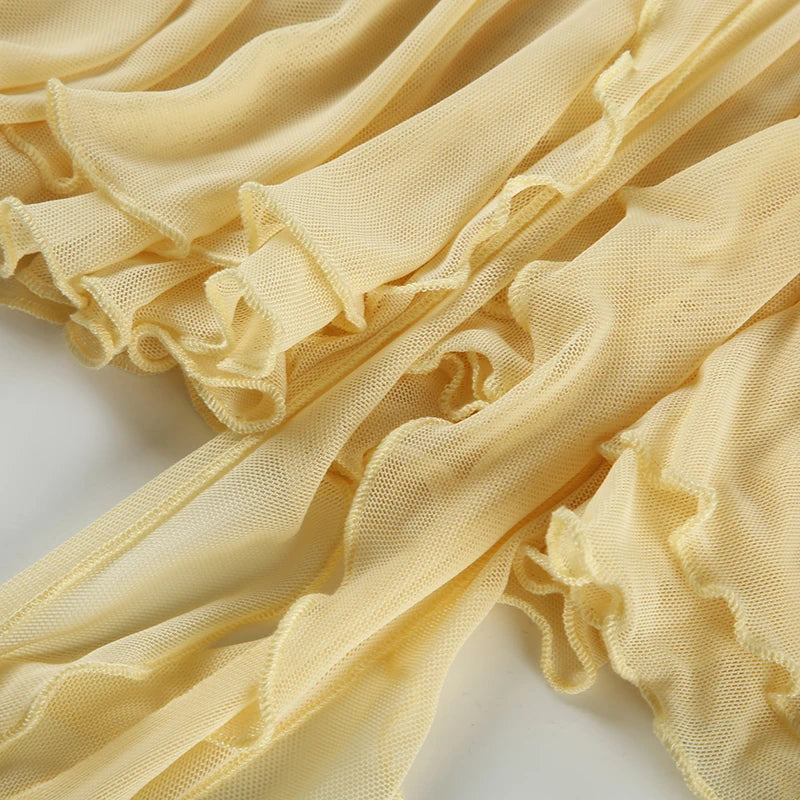 Yellow Flower Pleated Ruffles Low-Waist Mini Skirt