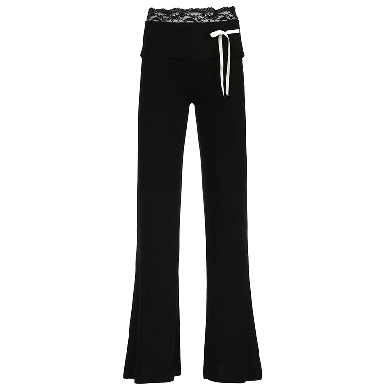 Lace Patchwork Bow Straight Pants Trousers Joggers Bottoms