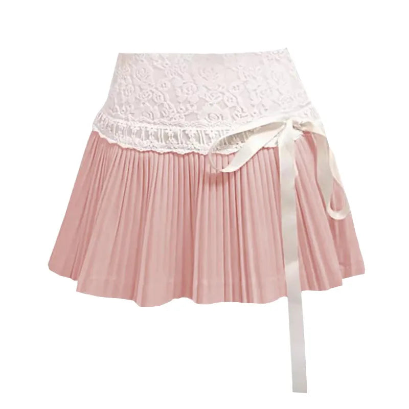 Pink Pleated Lace Bow Mini Skirt