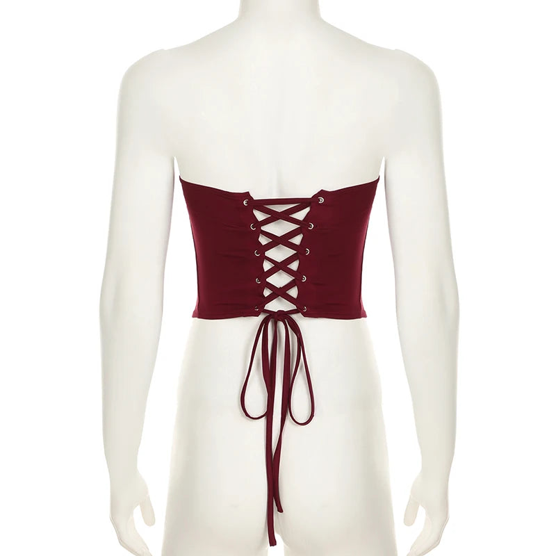 Backless Wine Two Pieces of Sets Harajuku Vest and Mini Skirts Lace Up