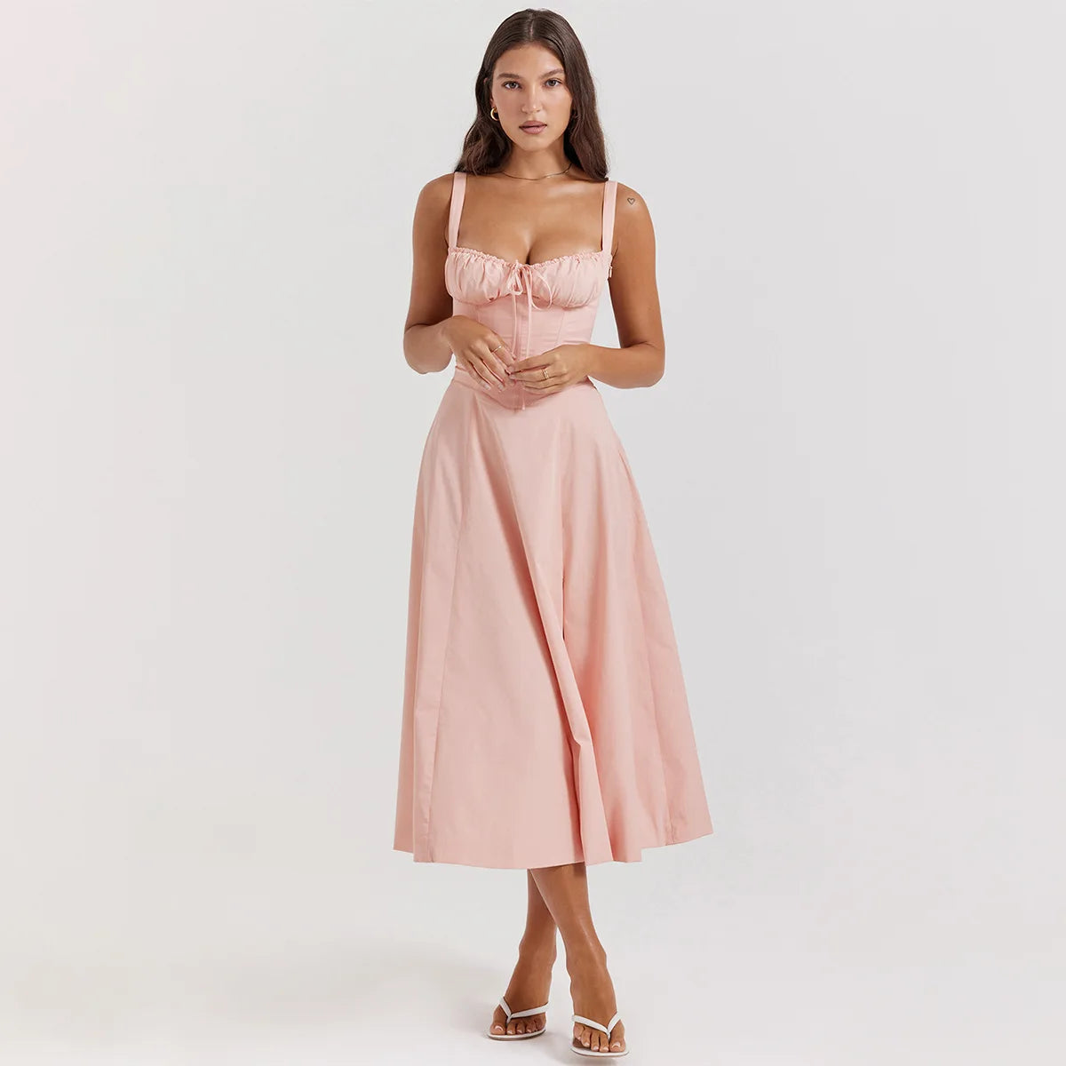 Floral Dress Midi Spaghetti Strap Lace Up Dress A Line