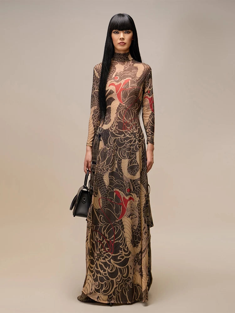 See Through Blouse Snake Print Half-High Neck Long Sleeves High Slits High Elasticity Long Top