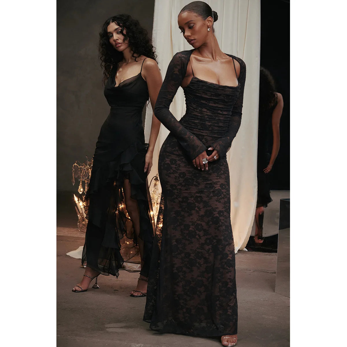 Lace Hollow Out Long Sleeve Two Piece Set