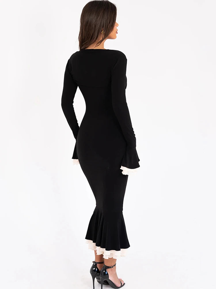 Square Collar Two Piece Sets Mermaid Dress Flare Sleeve Evening Dress