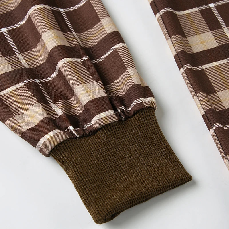 Retro Plaid Pullovers Turn-down Collar Loose Sweatshirts Brown