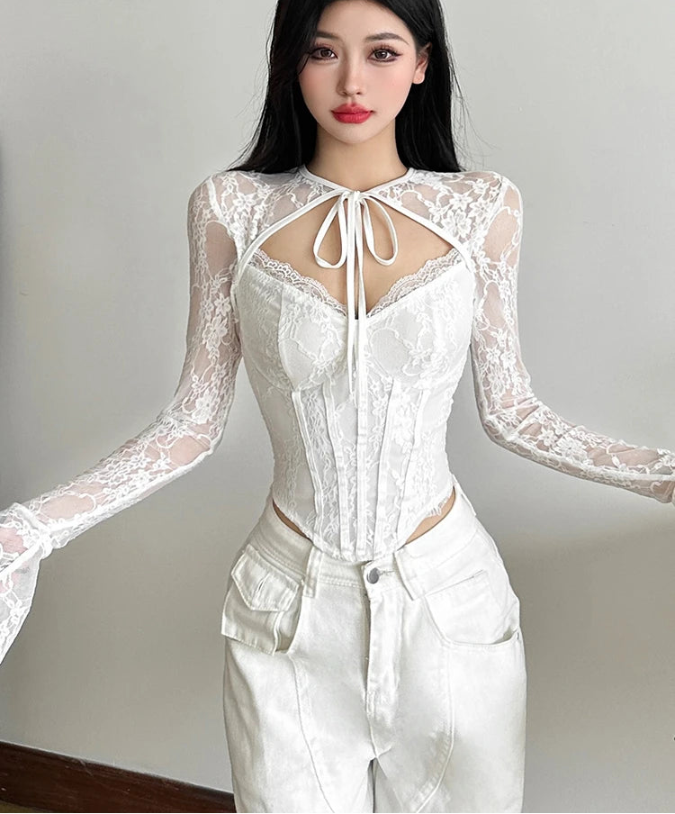 Lace Long Sleeve T-hirt Slim Cleavage T-hirt