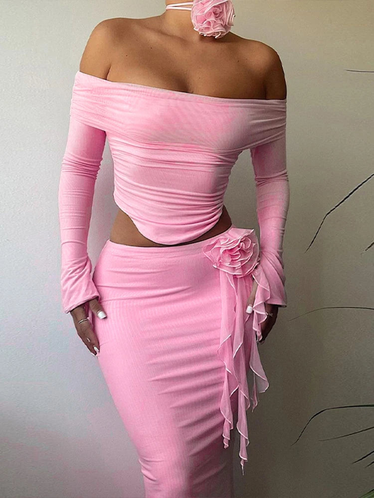 3D Flower Off Shoulder Crop Top Maxi Skirt Set
