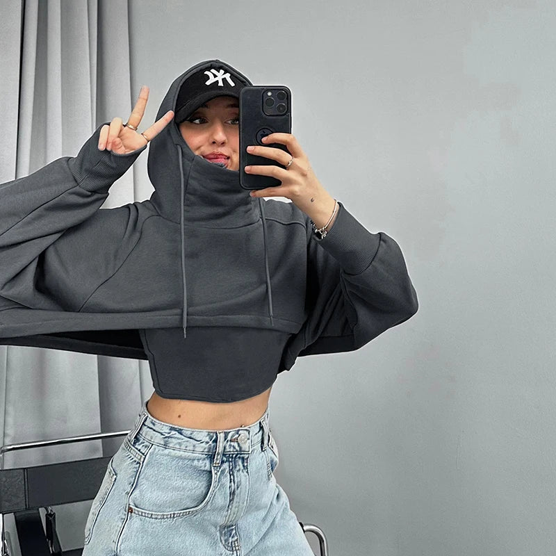 Thicken Drawtring Drawtring Hood Sweathirt Tank Top Long Sleeve Two Piece Set