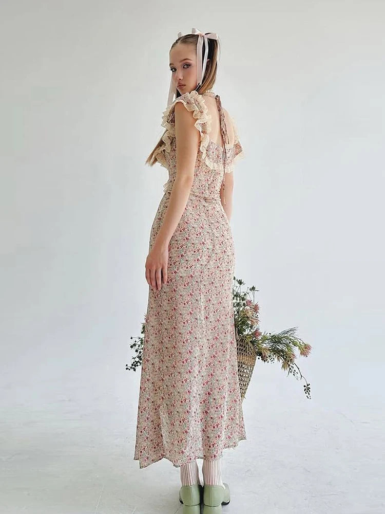 Colorful Maxi Dress High Split Patchwork Lace Folds Irregular Low-Neck Sweet Skinny